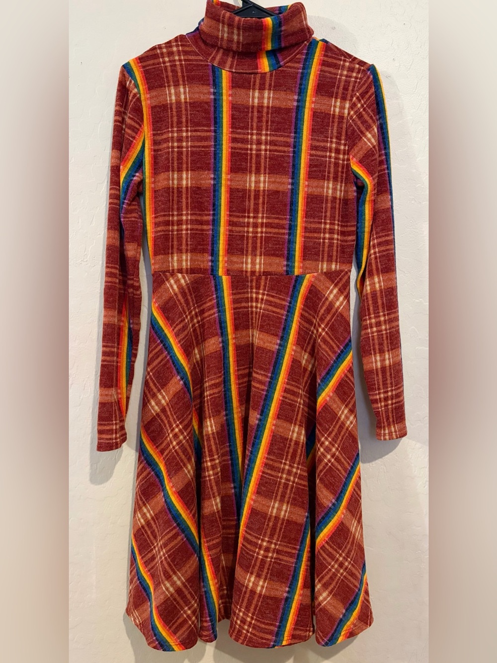 Ces Femme Rainbow Plaid Turtleneck Skater Vintage Dress Made in USA- Size Small
